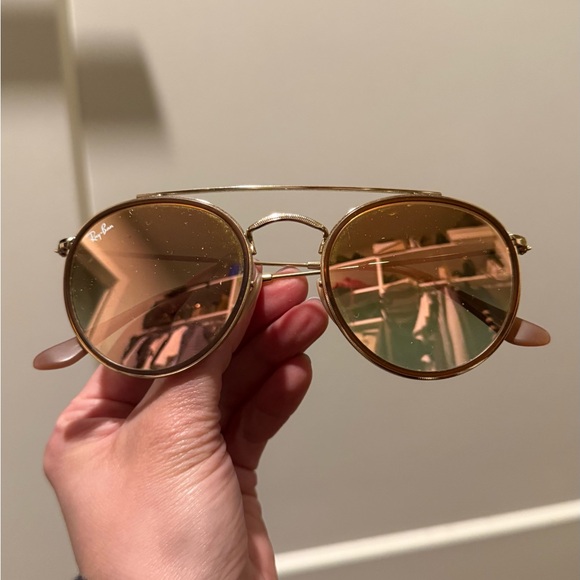 Ray-Ban Round Double Bridge Sunglasses in Gold/Pink with Brown Case